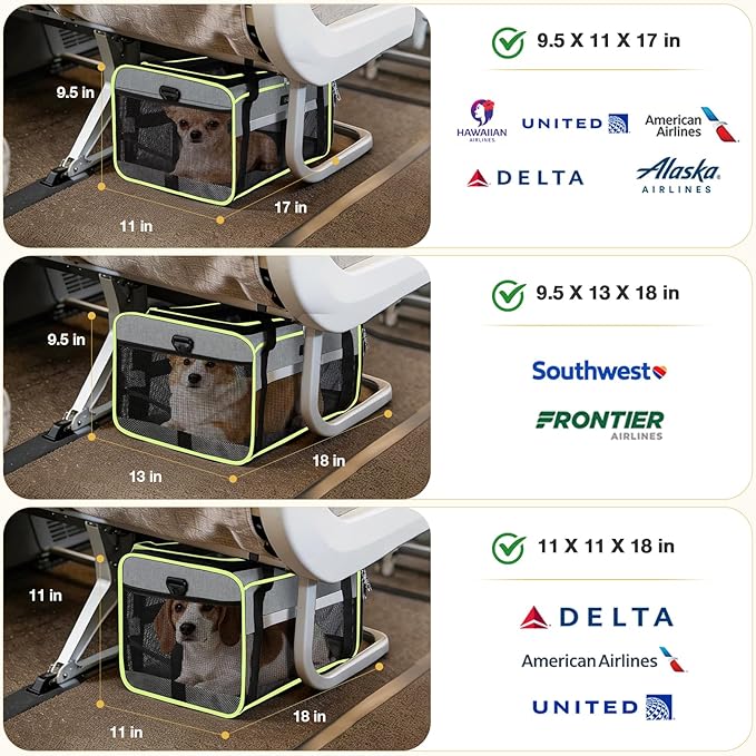 Lekereise Top-Expandable Pet Carrier 18x13x9.5 Inch Southwest Frontier Airline Approved Soft Sided Underseat to 15lbs Travel Carriers for Small Cats Dogs with Locking Safety Zippers Anti-Scratch Mesh
