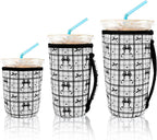 KJQJLY 3 Pack Reusable Iced Coffee Sleeves for Iced Coffee Cups or Drinks Reusable Neoprene Insulated Sleeves for Hot and Cold Drinks from Starbucks, Dunkin, And More (Black Bow)
