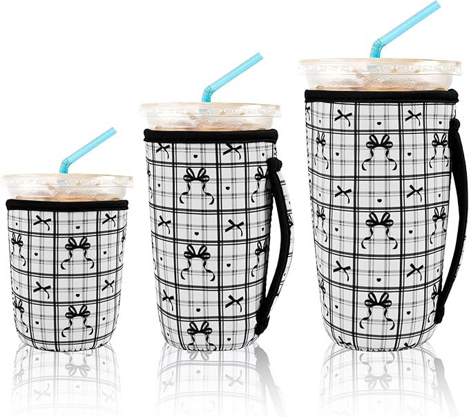 KJQJLY 3 Pack Reusable Iced Coffee Sleeves for Iced Coffee Cups or Drinks Reusable Neoprene Insulated Sleeves for Hot and Cold Drinks from Starbucks, Dunkin, And More (Black Bow)