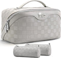 BOYATU Travel Makeup Bag Organizer: 3 Pcs Set Large Capacity Cosmetic Bags Holds 10–20 100ml Full-Size Bottles - 180°Open-Flat Make up Case 3-sec touch-up - Toiletry Bag Gift women (03-A-Gray)
