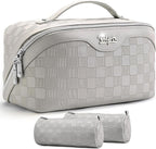 BOYATU Travel Makeup Bag Organizer: 3 Pcs Set Large Capacity Cosmetic Bags Holds 10–20 100ml Full-Size Bottles - 180°Open-Flat Make up Case 3-sec touch-up - Toiletry Bag Gift women (03-A-Gray)