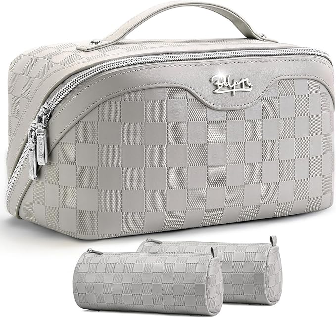 BOYATU Travel Makeup Bag Organizer: 3 Pcs Set Large Capacity Cosmetic Bags Holds 10–20 100ml Full-Size Bottles - 180°Open-Flat Make up Case 3-sec touch-up - Toiletry Bag Gift women (03-A-Gray)