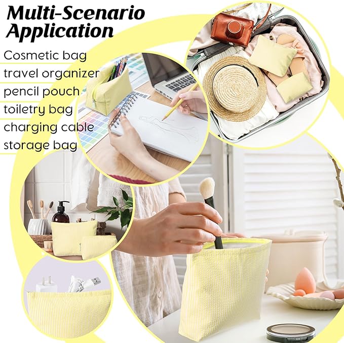 Huhumy 2 Pcs Makeup Bag Set Cute Cosmetic Pouch for Women Seersucker Travel Toiletry Bag Preppy Small Makeup Purse Pouch Aesthetic Skincare Brushes Storage Organizer for Valentine Women(Yellow)