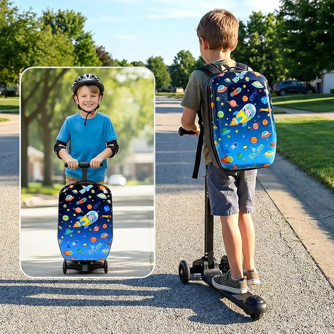 smilesun 4-in-1 Detachable Scooter Luggage for Kids & Teens, Foldable Hardside Ride On Suitcase with Wheels, Stylish and Safe Design(Navy)