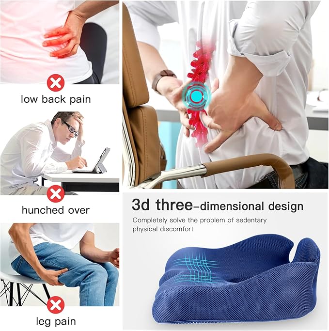 Benazcap X Large Memory Seat Cushion for Office Chair Sciatica & Back Pain Relief Memory Foam Firm Coccyx Pad for Car, Wheelchair, Gaming Chair and Desk Chair, Blue