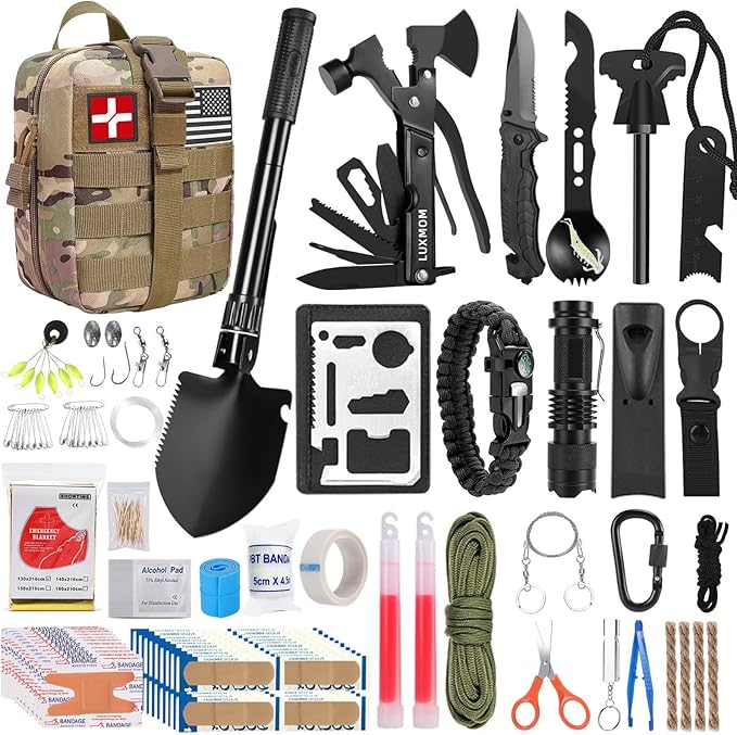 LUXMOM Emergency Survival Kit and First Aid Kit, 142Pcs Professional Survival Gear and Supplies Equipment with Molle Pouch, Gift for Christmas Men Dad Husband Camping Hiking Hunting Outdoor Adventure