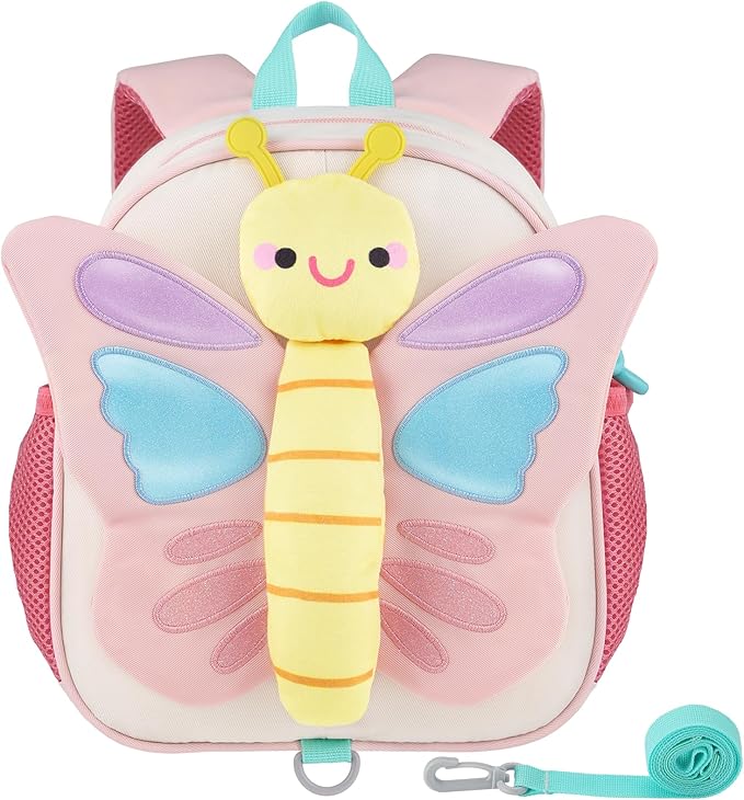 GAGAKU Kids Backpack with Leash for Girls Age 2-4, Cute 3D Butterfly Preschool Backpack, Lightweight Nylon Toddler Backpack for Kindergarten Travel School