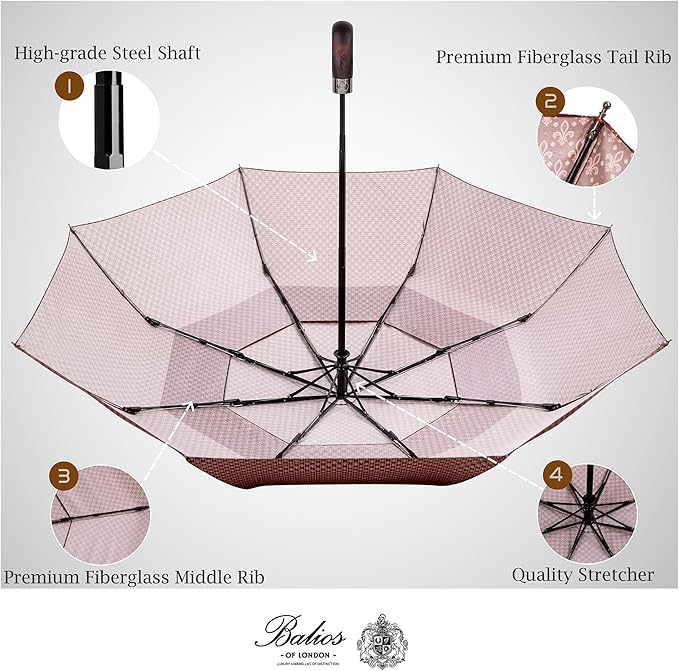 Balios Travel Folding Umbrella with Real Wood Handle Auto Open Close Vented Windproof Canopy - Designed in UK