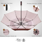 Balios Travel Folding Umbrella with Real Wood Handle Auto Open Close Vented Windproof Canopy - Designed in UK