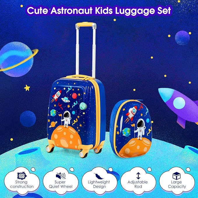 GYMAX 2Pc Kid Carry On Luggage Set, 12" & 18" Kids Suitcase with 4 Spinner Wheels, Travel Rolling Trolley