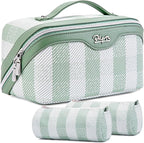 BOYATU Travel Makeup Bag Organizer Cosmetic Bag: 3 Pcs Set Make up Bags for Women with Handle - Waterproof Vegan Leather Toiletry Bags Travel Essentials Pouch with Compartments (F-02-Green)
