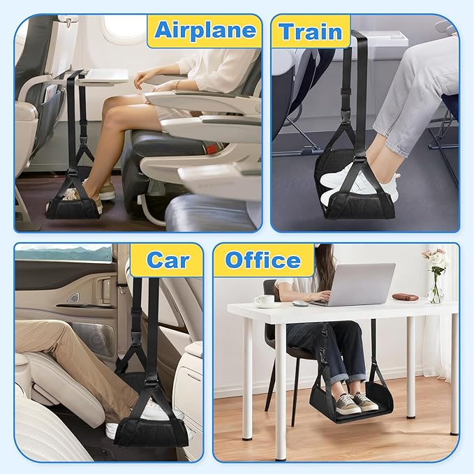 Airplane Foot Hammock for Plane Travel, Detachable Bamboo Airplane Foot Rest for Long Flight, Desk Foot Hammock with Extended Adjustable Strap to Relax Your Feet, Foot Sling Travel Essentials