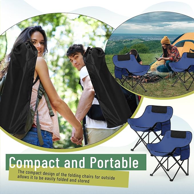 2 Pack Compact Camping Chairs Portable Folding for Outside with Carry Bag Lightweight Moon Chairs for Travel Picnic Hiking Beach Fishing, 600D Oxford, Supports 330lbs(Blue)