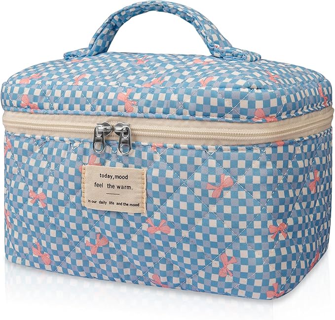 Gosect Large Makeup Bag, Cute Cosmetic Bag for Women Girls, Floral Coquette Aesthetic Toiletry Bag, Travel Make Up Organizer Bag (Blue Butterfly)