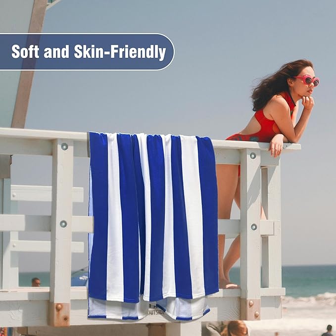 HENBAY Large Oversized Beach Towel - 35 x 70 Inch Microfiber Pool Towel, Navy Striped Quick Dry Cabana Swim Towel