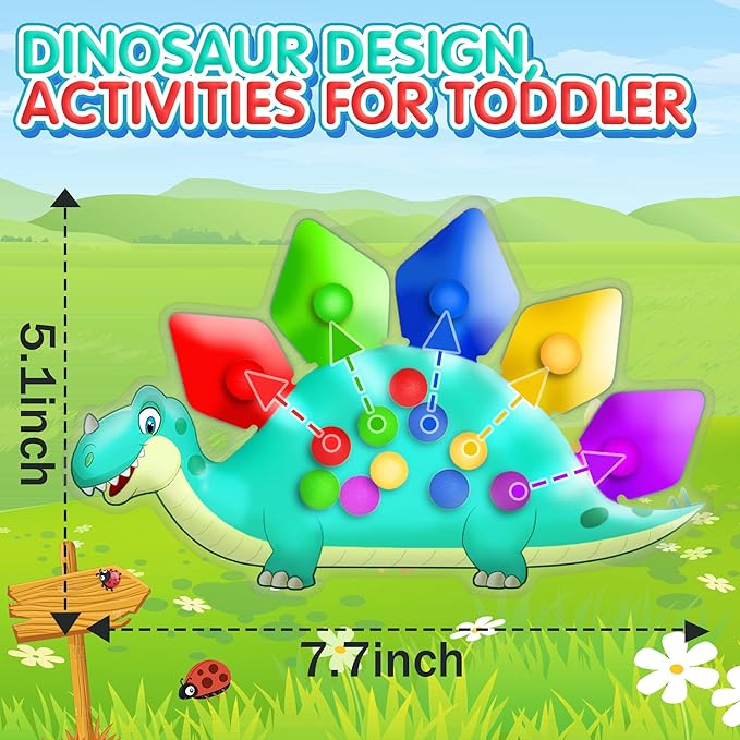 4PC Dinosaur Color Sorting Sensory Toys for Toddler, Montessori Travel Toys Fine Motor Skill Learning Activities Quiet Calm Down Fidgets for Classroom for 3 4 5 Year Old Kid Easter Basket Stuffers