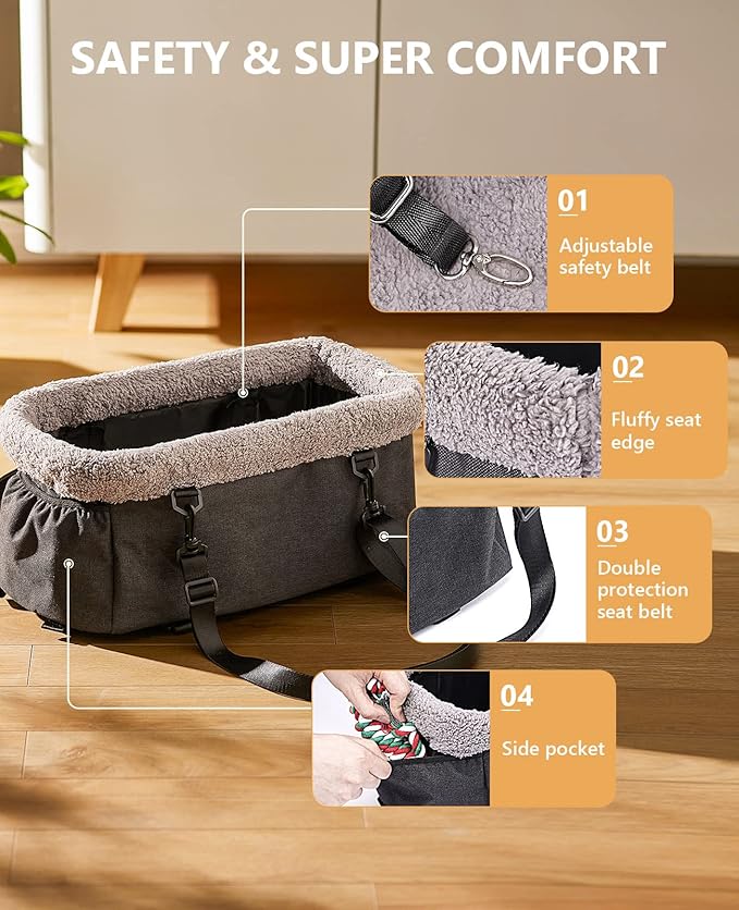 BurgeonNest Center Console Dog Car Seat for Small Dogs up to 9lbs - Sturdy Metal Frame Anti-Collapse Pet Booster Seat for Car Armrest, Dual Safety Belts & Washable Cushion, Grey