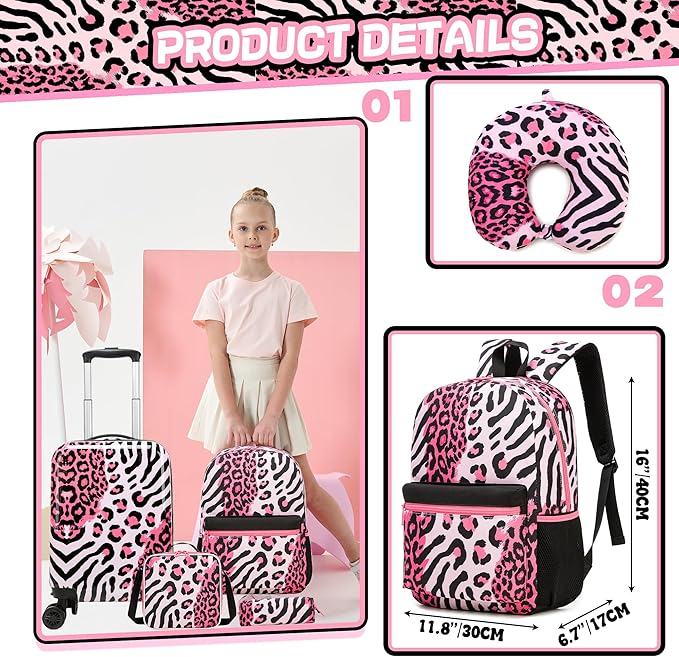 Kids Luggage with Spinner Wheels 5 Piece Carry on Suitcases for Girls Backpack with Lunch Box Pencil Case 16" Toddler Suitcase Set Airline Approved (Pink Leopard)