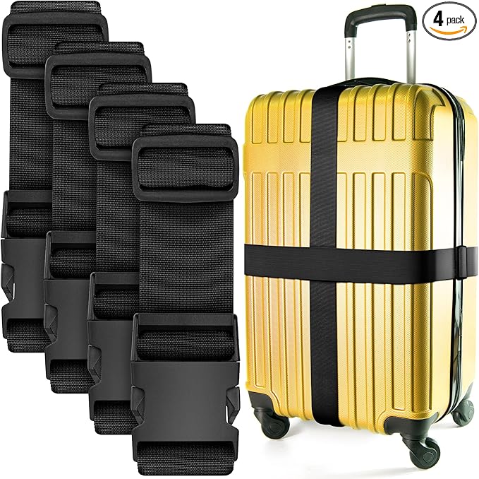 Luggage Straps for Suitcases - TSA Approved - Black, 4 PK - Premium Nylon Belts for Suitcase, Briefcase & Travel Bag - Adjustable Strap Length 46" - 78"