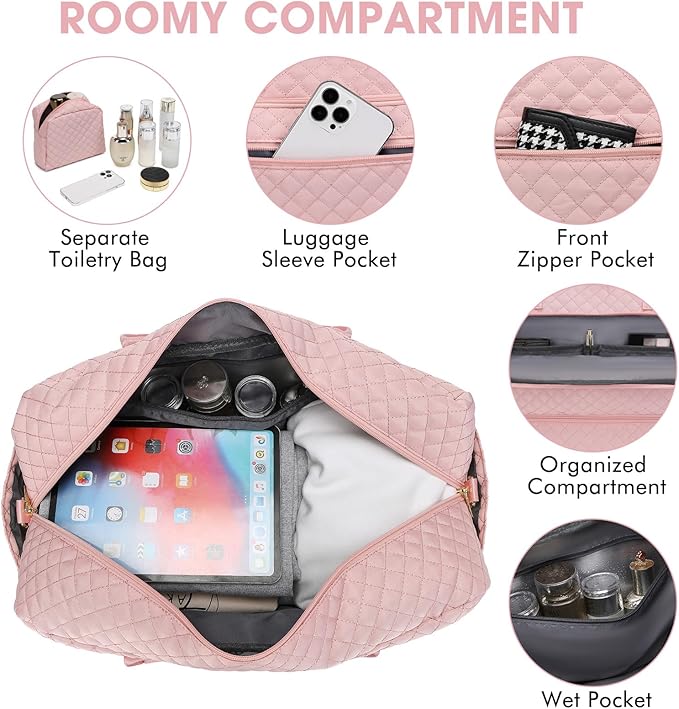 Large Women Travel Duffle Bag - Carry on Overnight Bag Weekend Travel Duffel Tote Gym Bag with Wet Pocket Toiletry Weekender Overnight Bag for Travel Business Trips Sports Hospital Pink 3 Pcs Set