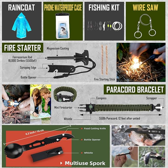 Survival Kit, 268 Pcs Emergency Survival Gear and Equipment Supplies with First Aid Kit, Camping Axe, Headlamp, Crossbody Bag for Camping Hiking, Hunting, Gift for Christmas Men, Dads, Black