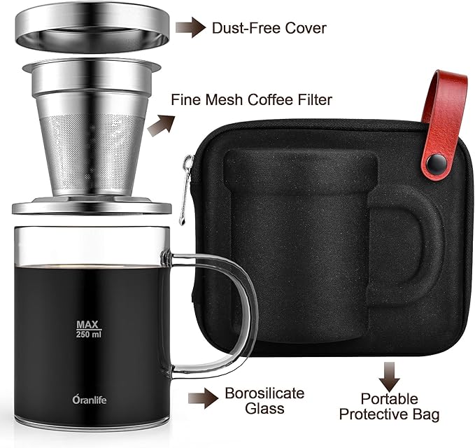 Oranlife Pour Over Coffee Maker Set for Travel/Camping/Hiking, Single Cup, Stainless Steel Coffee Filter, 14 Oz Borosilicate Glass Mug, Extra Permanent Lid and Moulded Neoprene Case, at Home/Office