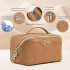 BOYATU Travel Makeup Bag Cosmetic Bags for Women: Large Capacity 3 Pcs Set Make up Bag with Compartments - Waterproof Vegan Leather Toiletry Organizer Bags with Handle (M-74Yellow Brown)