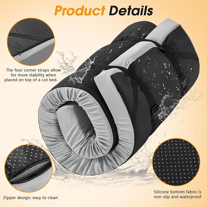 CYMULA Camping Cot Mattress 2in Memory Foam Sleeping Pad,Soft Warm Non-Slip Camping Mattress Topper with Retaining for Adults,Portable Roll up Pad for Travel（only Mattress）