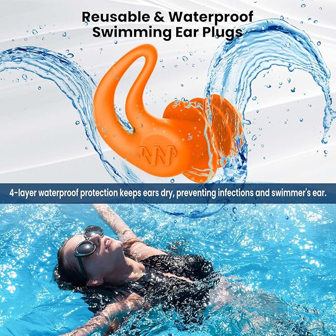 Waterproof Swimming Ear Plugs for Adults - 4 Pairs Reusable Silicone Ear Plugs for Swimming Women & Men, Keep Ear Water Out, Showering, Bathing, Surfing, Water Sports
