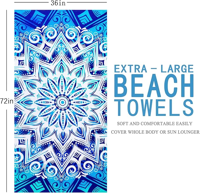 2 Packs Oversized Beach Towel Set Extra Large Big XL Pool Camping Swim Clearance Towels 36x72 Soft Blanket Cruise Essentials Accessories Must Haves Vacation Necessities Adult Blue Boho Stripe