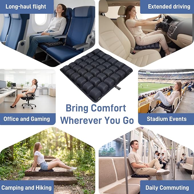 Airplane Seat Cushion for Long Flights Press-Type Inflatable Travel Seat Cushion with 3D Air Cells Portable Comfort Support Pad for Car, Office Chair & Stadium Bleachers Relieves Sitting Fatigue