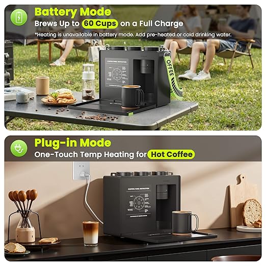 CANDY Portable Espresso Machine with Strap, 3 in 1 Coffee Maker, One-Touch Operation, Rechargeable Cold Brew Up to 60 Cups, for Ground, Ideal for Camping, RV & Outdoor, Home, Heating in Plug-in Mode