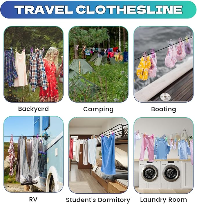 2 Pack Portable Travel Clothesline with 12 Clothespins, Retractable Camping Clothesline for Indoor & Outdoor, Elastic Clothes Line for RV/Cruise/Camper/Hotel/Laundry Room (Multicolor)