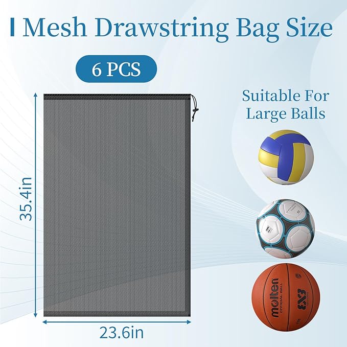 6PCS Black Mesh Bag Drawstring, 23 x 35 Inch Net Bag with Lock, Multipurpose Storage Bags for Gym, Laundry, Balls, Beach and Toys