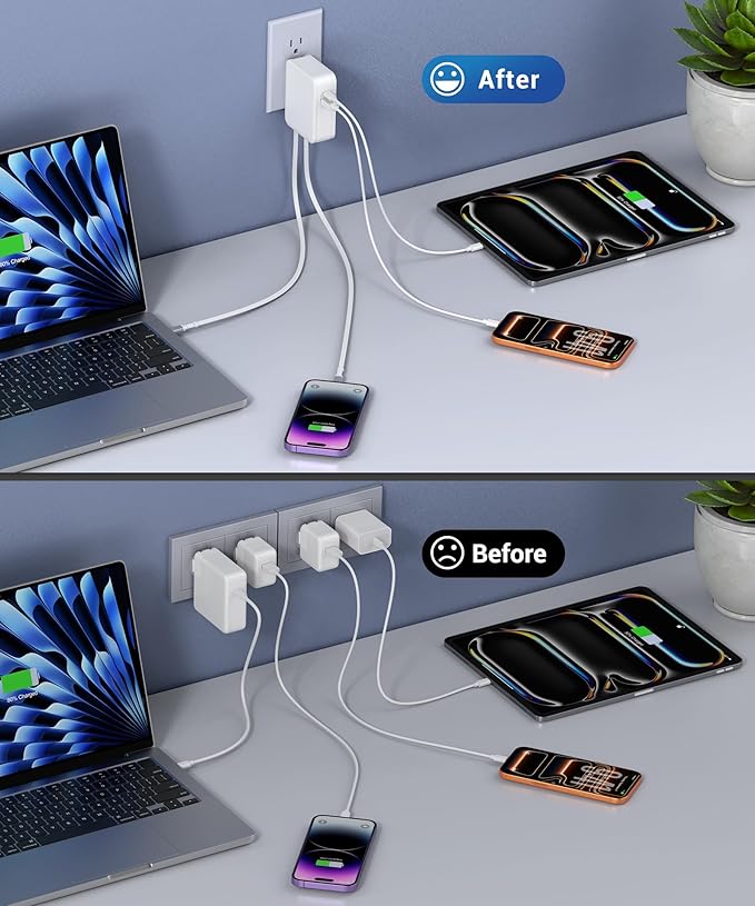 Retractable USB C Charger Wall Plug with Type C Cables Cords,65W Fast Charging Foldable Block Multi Charger,Travel Essentials Brick Multiport for Mac Book Pro/Air,iPhone 17/16/15/14,iPad,Galaxy(1Pack)