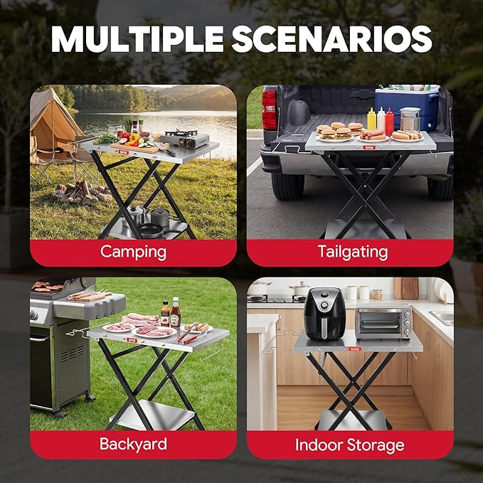 Feasto Outdoor Grill Table, Foldable Pizza Oven Stand & Griddle Stand with Garage Rack & Tissue Holder, Folding Outdoor Prep Table for Gathering and Party, 30" x 24", Stainless Steel