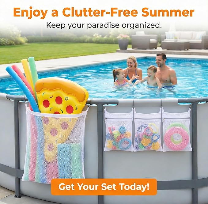 Poolside Perfection! 4-Pack Mesh Storage Bags for Toys, Pool Noodles, Vibrant Floats – Organize Your Swim Gear in Style! (3 pcs Small Zipper Bags & One Large Opening Bag)