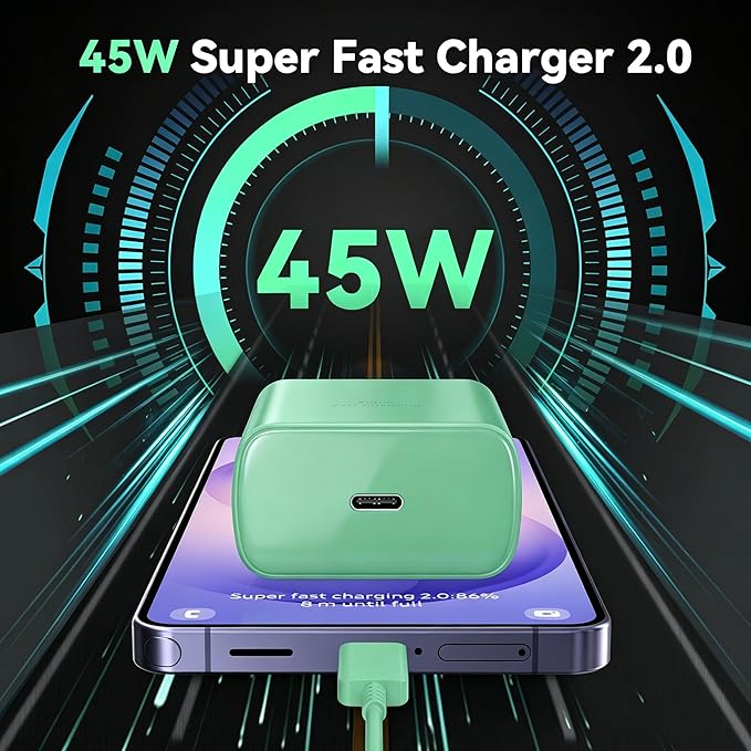45W Super Fast Charger USB Type C Charger Cord 6.6FT with Android Phone Charger Fast Charging Block for Samsung Galaxy S26/S26 Ultra/S26+/S25/S25 Ultra/S25+/S24/S23/S22/S20/S21/Note 20/Note 10, Green
