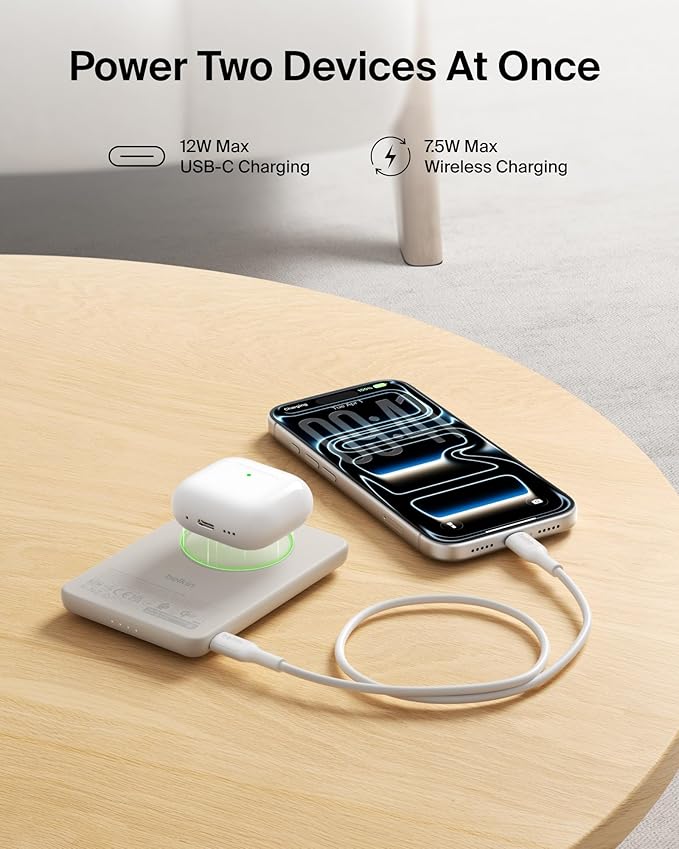 Belkin MagSafe Power Bank 5,000mAh, Ultra-Slim Qi2 15W Certified Magnetic Back Supports MagSafe Accessories On-the-Go, Wireless Battery Pack w/USB C Cable for iPhone 17, Pixel 10, Travel - Sand