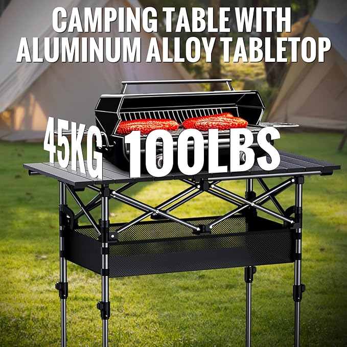 GARLLEN Folding Camping Table, 2-Height Adjustable Portable Roll-up Camping Table with Storage Net, Lightweight Aluminum Picnic Table with Carrying Bag for Cooking, BBQ, Outdoor, 32.2" L x 15.7" W