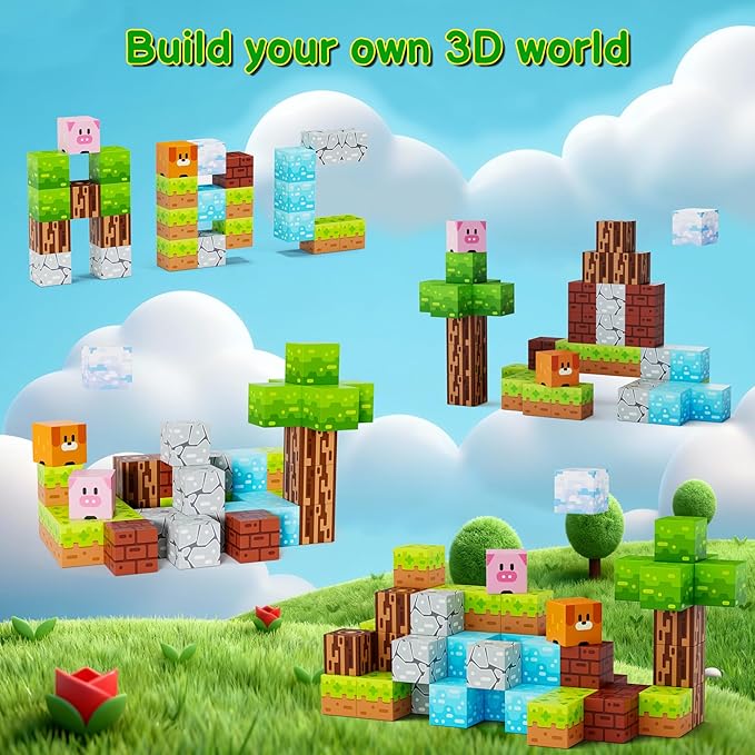 Magnetic Blocks Minecraft-Style Magnetic Building Blocks Cubes - 35PCS Tin Box Magnet Toys Travel Set STEM Educational for Kids Ages 4-8 6-8 8-12 Year Old Boys Girls Birthday Christmas