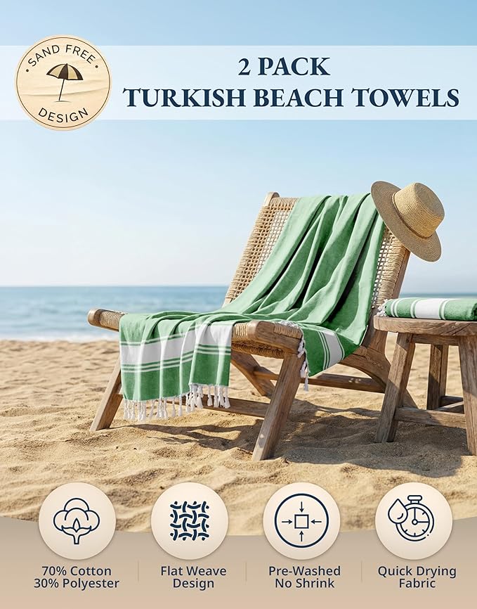 LANE LINEN Turkish Beach Towels, 2 Pack Extra Large Beach Towel, Pre-Washed for Soft Feel, Oversized Sand Free Quick-Dry Pool Towel, Beach Towels for Adults,39"x71" - Jade Green