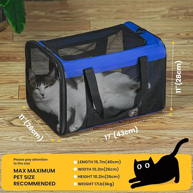 Conlun Cat Carrier Bag,Soft-Sided Pet Carriers for Dogs with 4-Sided Mesh,Airline Approved Cat Transport Carrier for Small&Medium Cats Kitten Puppy Up to 15LB,Collapsible Cat Travel Carrier-M,Blue