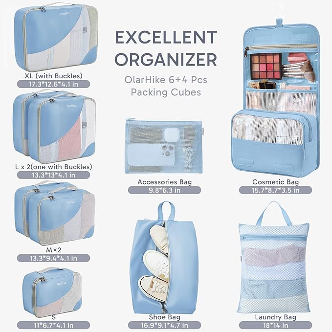 10 Set Packing Cubes for Travel, Gifts for Women Mom,Anti-Tearing Suitcase Organizer,OlarHike Vacation Essentials & Accessories for Cruise Ship
