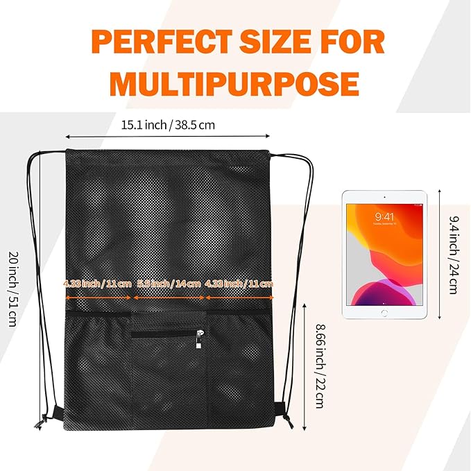 NATURAL STYLE Mesh Drawstring Backpack Bag, Gym Sports Bag with Zipper Pocket Bottle Holder, String Beach Bag for Swiming Travel (Black)