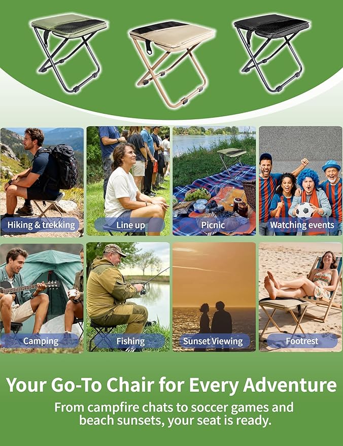 COMELY Camping Stool Portable Chair: All-Terrain Folding Carrying Pocket Stool, 4 Anti-Sink Feet, 270Lbs Capacity & 3s Setup. 5000 Cycle Tested for Rugged Sites, Camping, Fishing, Travel, Black.