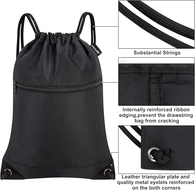 HOLYLUCK Drawstring Bags Backpack Sackpack Cinch Bags for Sports, Gym, Travel, Beach (Black)