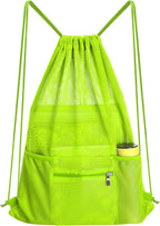 NATURAL STYLE Mesh Drawstring Backpack Bag, Gym Sports Bag with Zipper Pocket Bottle Holder, String Beach Bag for Swiming Travel (Green)