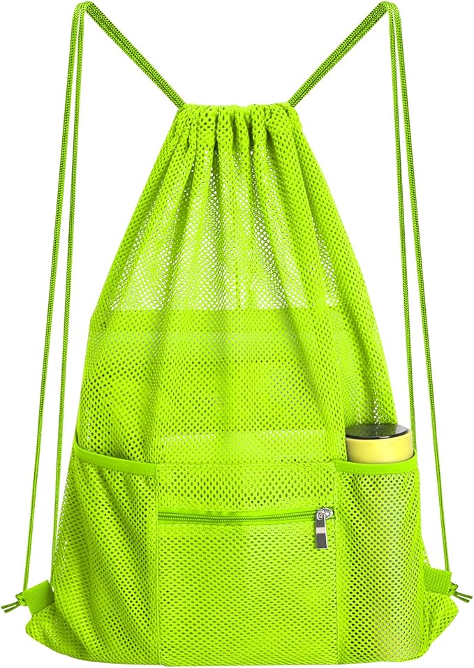 NATURAL STYLE Mesh Drawstring Backpack Bag, Gym Sports Bag with Zipper Pocket Bottle Holder, String Beach Bag for Swiming Travel (Green)