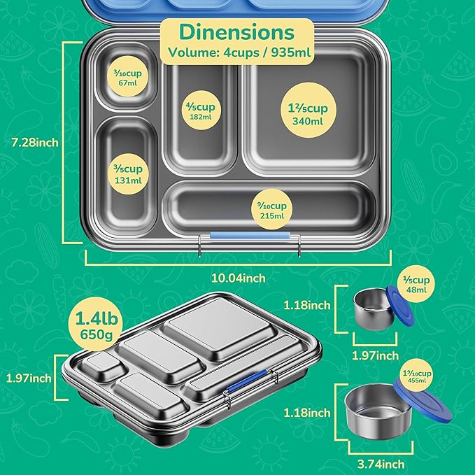 AOHEA Stainless Steel Bento Box Kids, Kids Metal Bento Lunch Box BPA Free Lunch Box Containers 304 Stainless Steel Bento Box for School and Office(Pink)